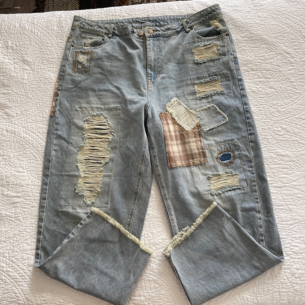 Distressed Patchwork Blue Jeans